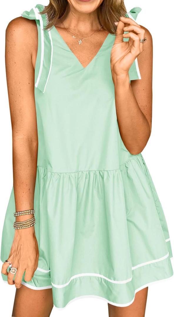 Wenrine Womens Summer V Neck Mini Dress Tie Shoulder Sleeveless Contrast Loose Casual Beach Dresses (Green)