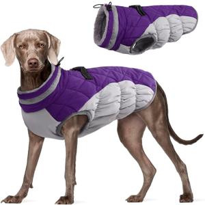 FUAMEY Dog Coat for Large Dogs,Waterproof Dog Winter Jacket with Harness Built in Puppy Cold Weather Coats Reflective Pet Vest with Zipper Warm Fleece Dogs Snowsuit Windproof Purple L (L(chest:24in))