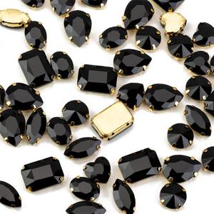 Choupee 48PCS Big Sew On Glass Rhinestone Gold Metal Back Sew on Gems Jewels Mixed Shapes for Costume, Clothes, Garments, Dress, Earring, Belt and Shoes (Gold Setting / Black)