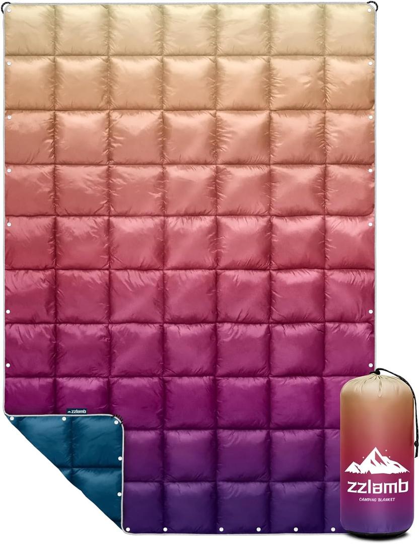 Zzlamb Camping Blanket for Cold Weather,Outdoor Puffy Blanket Portable Down Alternative,Windproof Warm Cloak with Snaps,Cozy Quilt Backpacking Picnic RV Travel Plane Car Hammock Beach Climbing (52x75'', Dawn Fade)