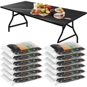 Boao 12 Pcs Plastic Table Cloths Disposable for Parties Picnic Table Covers with Elastic Fitted Elastic Desk Cover Rectangle Waterproof for Indoor, Outdoor, Picnic, Camping(6 Ft, 72 x 30 Inch,Black)