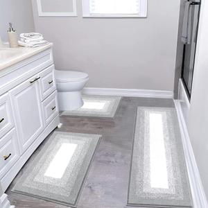 Bsmathom Bathroom Rug Set 3 Piece, Non-Slip Plush Shaggy Bath Mat, Soft Shaggy Absorbent Polyester Bath Rugs Machine Washable Bath Mat with U-Shaped Toilet Mat for Bathroom, Light Grey