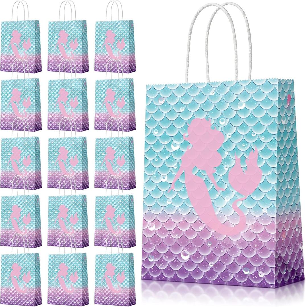 Jectivs 16 Piece Mermaid Birthday Party Favor Bags - Kraft Paper Gift Bags with Handles for Kids' Little Mermaid Themed Baby Shower Party Supplies
