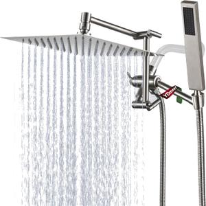 All Metal Rain Shower Head with Handheld Combo, YDmeet 10" Rainfall Shower Head, Stainless Steel Hand Wand, 3 Setting Diverter, Adjustable Extension Arm w/Lock Joints, Extra Long Hose, Brushed Nickel