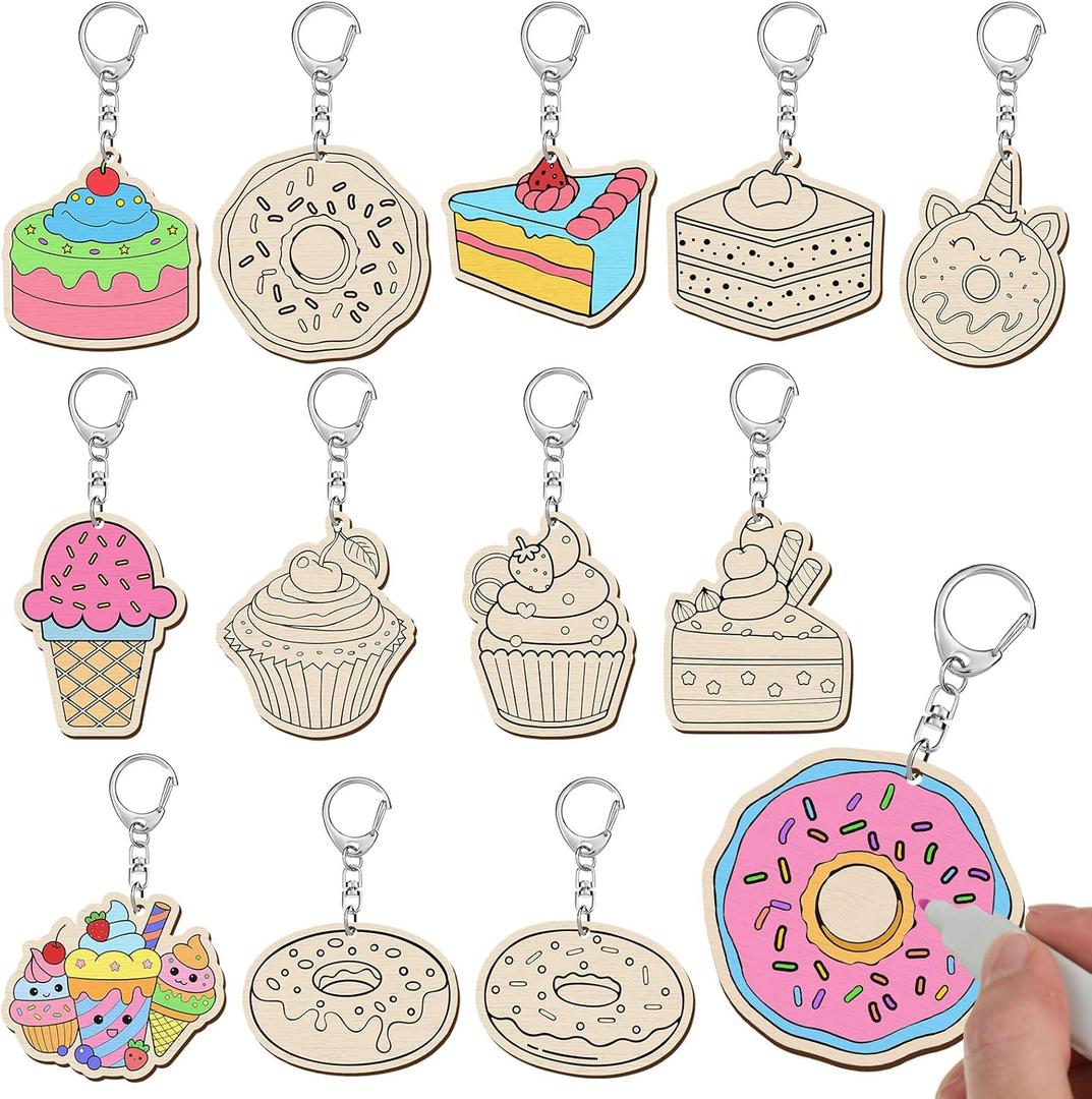 Trnayi 36 Pcs Dessert Craft Color Your Own Sweet Treat Keychains Unfinished DIY Coloring Ice Cream Wooden Donut Cupcake Crafts Blank Wood Painting Kits for Summer Art Donut Party Favors, 2.56 inches