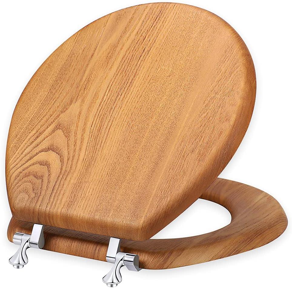 Wood Toilet Seat Round, Wooden Round American Standard Toilet Seat with Durability Metal Chrome Hinges, Natural Wood Veneer Oak Cover