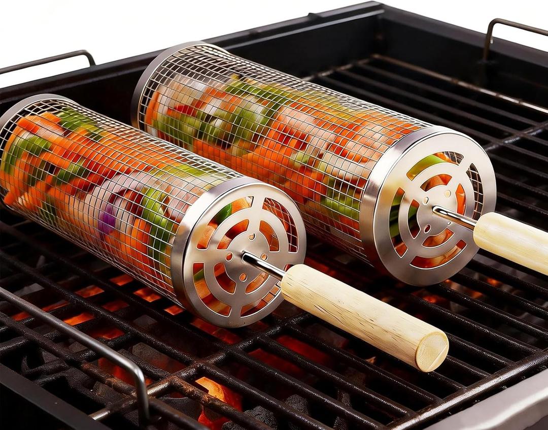 Rolling Grill Basket 2Pack, Premium 304 Stainless Steel, Removable Wooden Handles, Upgrade Rolling Grill Baskets for Outdoor Grill, BBQ Grill Accessories for Camping/Backyard Cooking, Ideal Gift for Dad/Husband