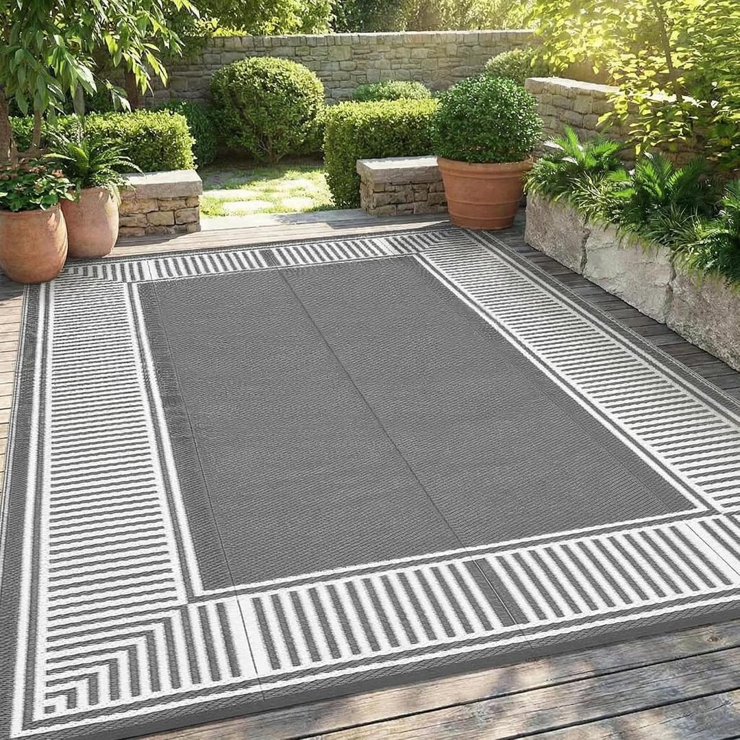 GAOMON Waterproof Outdoor Rug for Patios 9x12 Reversible Plastic Straw Area Rug, Indoor Outdoor Large RV Camping Carpet Mat for Picnic, Backyard, Deck, Balcony, Porch, Beach,Border-Grey