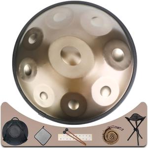 Advanced Adult Handpan Drum, 22-Inch 9-Notes 440Hz D Minor Kurd Steel Hand Drum, Hand Pan Instrument with Soft Bag, 2 Handpan Mallets, Stand and Dust-Free Cloth (Gold (9 Note))