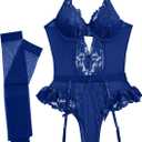 Lilosy Sexy Stocking Lace Mesh Bodysuit Top Underwire Garter Lingerie Set 3 Piece (Blue, L)