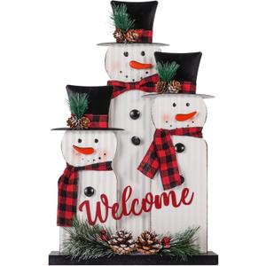 Christmas Decorations for Home Farmhouse Snowman Decoration Pinecones Merry Christmas Sign Iron Wooden Decorative Block Rustic Tabletop Xmas Party Holiday Dcor Indoor Outdoor