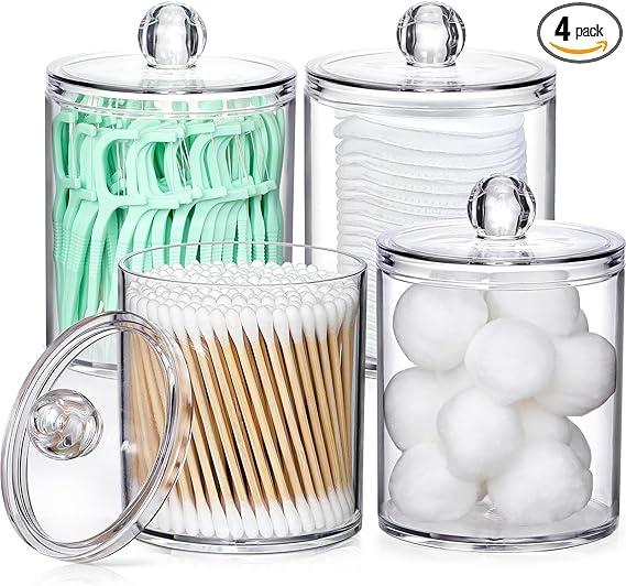 4 Pack Acrylic Qtip Holder Dispenser for Cotton Swabs, Balls, Pads, Floss Picks- Small Clear Plastic Canister Apothecary Jar Set, Bathroom Essentials Accessories Decor, Vanity Makeup Storage Organizer