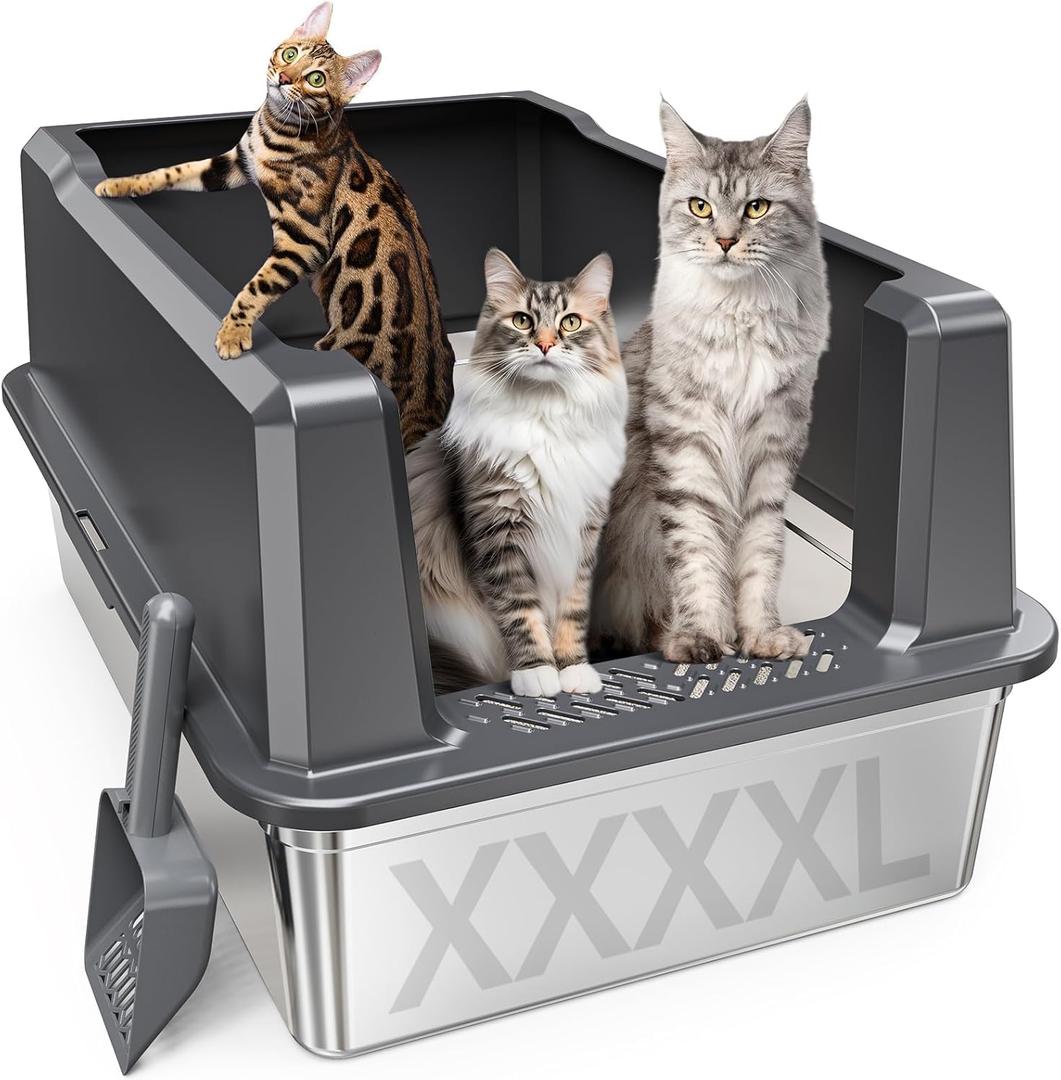 XXXL Stainless Steel Cat Litter Box with High Sides, 28" L x 20" W x 14" H Extra Large Litter Box for Big Cats and Multiple Cats, Enclosure Cat Litter Pan with Anti-Urine Leakage, Easy Clean (Grey)