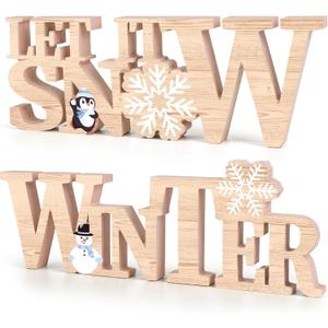 COCHIE Wooden Winter Let It Snow Sign, Snowflake Winter Decorations for Home, Office, Shelf, Mantel, Indoor, Blue White Wood Table Top Party Decor (Brown)