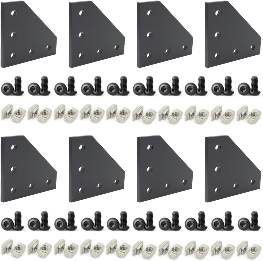 8 Sets 10 Series Aluminum Extrusion Profiles Corner Brackets 1010 90Deg Right Angle Black L Connectors wtih T Slot Nuts and Bolts for 1" x 1" 1 Inch 10/10 Slot Extruded Aluminum Connect