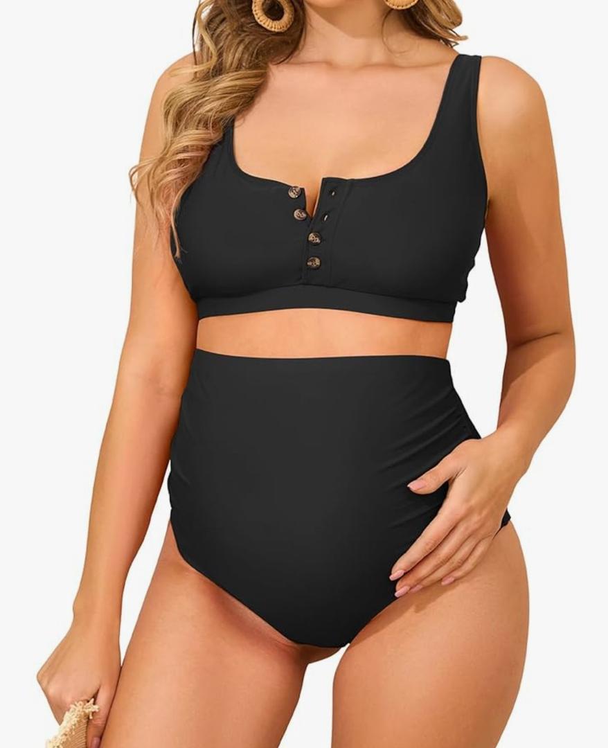 Zando Maternity Swimsuit High Waisted Bikini Set Button Down Maternity Bathing Suit 2 Piece Swimsuit for Women, Black, 2XL