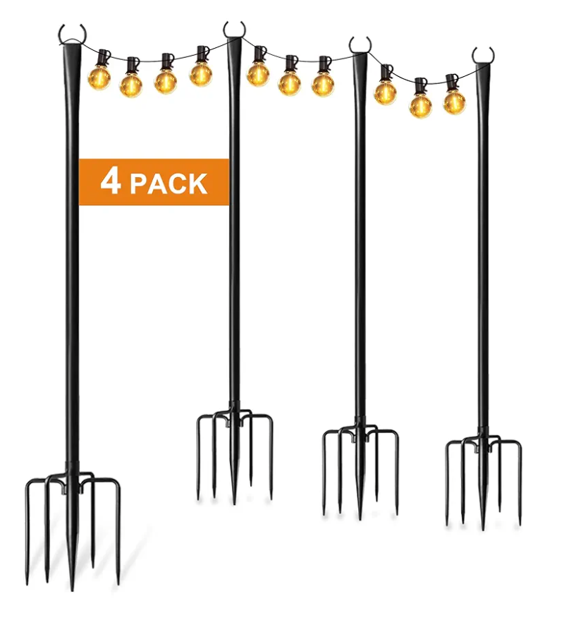 4 Pack 10Ft String Light Poles for Outside, Thickened Metal Lights Hanger Pole Outdoor with Fork, Lighting Hanging Post Accessories for Patio Decor Garden Backyard Yard Front Porch Outside Decorations