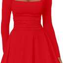 Kaximil Women's Square Neck Ruffle Hem Mini Dress Ruched Waist Long Sleeve Corset Short Party Dresses (Medium, Red)