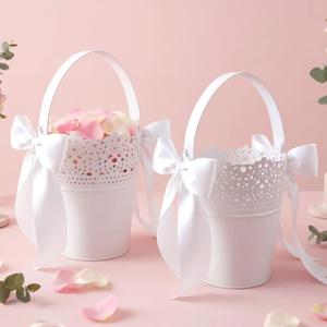 2 Pcs Flower Baskets for Wedding Ivory Flower Basket with White Satin Bowknot and Handle Metal Wedding Pails for Ceremony Petals Confetti Storage