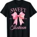 Groovy Sweet 16th Birthday Girl Coquette Bow 16 Year Old T-Shirt (Black)
