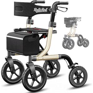 Walkers for Seniors, Rollator Walker with Seat, 12" Big Rubber Wheels All Terrain Rolling Walker, Foldable Rollator Walker, Built-in Cable, Reinforced Aluminum Frame, Golden