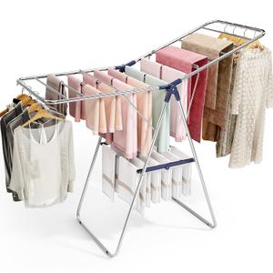 APEXCHASER Clothes Drying Rack, Stainless Steel Drying Rack Clothing with Height-Adjustable, Foldable Gullwings Laundry Drying Rack, Indoor Outdoor Use, No Assembly (Blue)