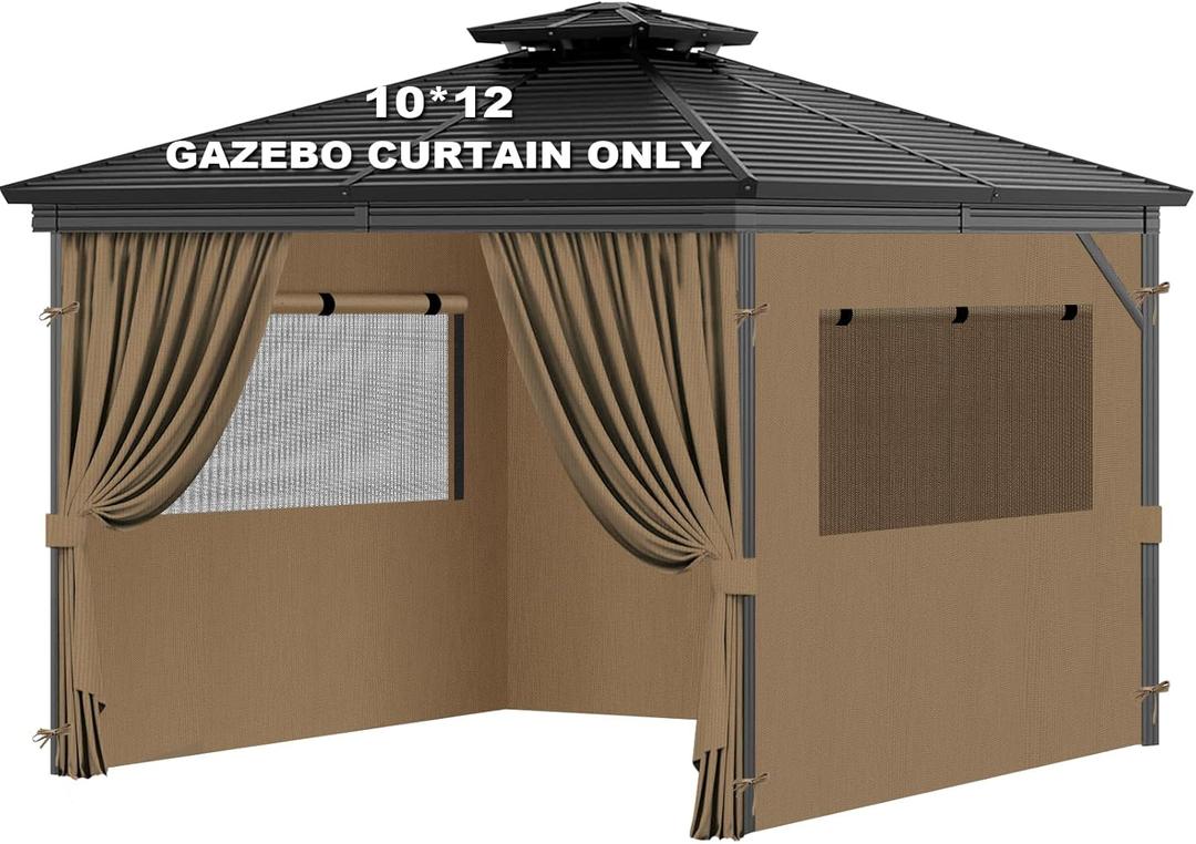 Universal Replacement Privacy Curtains for Gazebos, 10x12 ft Outdoor Waterproof with Large Mosquito-Proof Window Opening, 2-Piece Four-Sided Side Walls with Zippers (Curtains Only, Khaki)