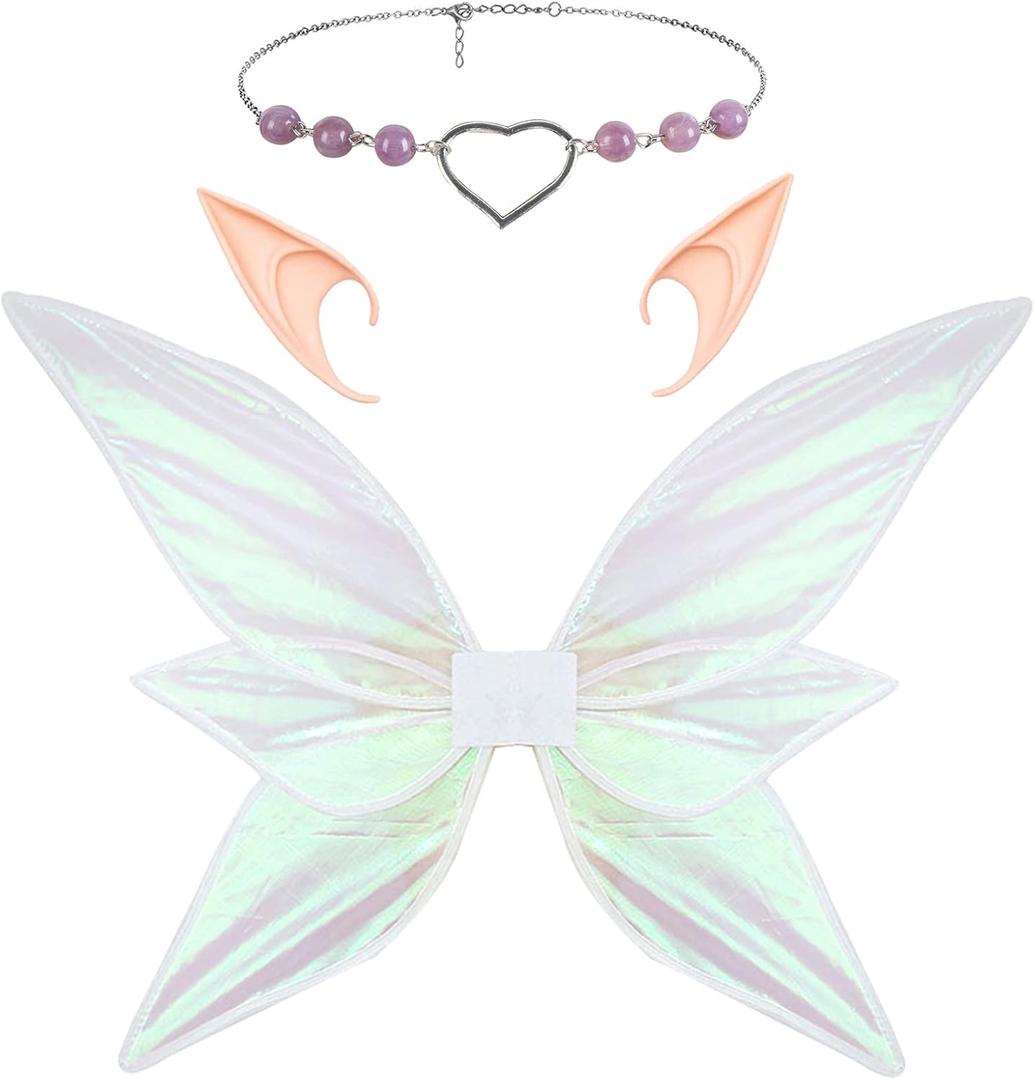 Women Girls Berry Rattans Crown Butterfly Wings with Elf Ears Dress Up Halloween Cosplay Photo Prop Accessories (Sliver Pink Transparent)