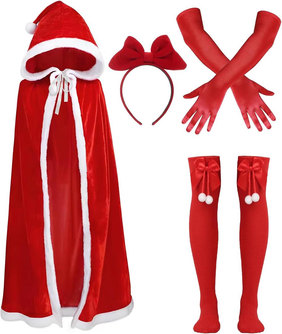 Christmas Santa Claus Robe Hooded Cloak, Red Velvet Santa Cape Set, Christmas Fur Princess Cape Women's Xmas Velvet Cloak, Christmas Solid Thigh Highs Socks Cheerleading Bow and Red Gloves for Women
