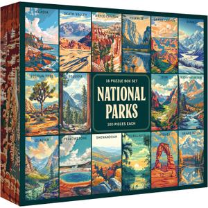 RoseArt - National Parks Jigsaw Puzzle Box Set - 16 Mini Puzzles, 100 Pieces Each - Colorful Puzzle Gift Set for Adults