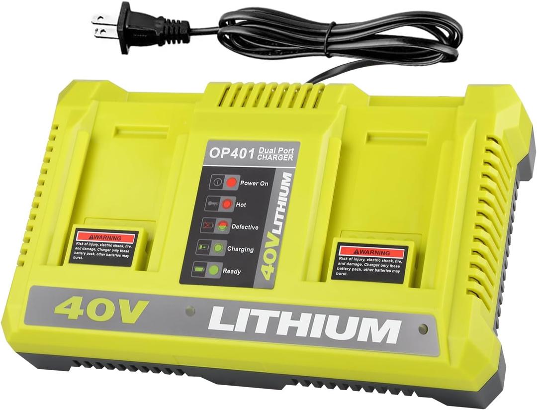 Powilling 2Port OP401 Quick Charger for RYOBI 40V Lithium Battery, Dual Ports Compatible with 40 Volt OP4015 OP4026 OP4040 OP4050 OP4060, for Ryobi 40V Lithium-ion Battery Charger