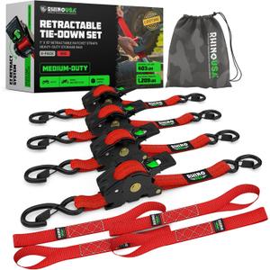 Rhino USA Retractable Ratchet Straps (4-Pack) - 1 Inch x 10 Feet (1,209lb Break Strength) - Heavy Duty Auto Self Retracting Tie Down Straps for Truck, Cargo Trailer, Motorcycle, Rad & More - Red