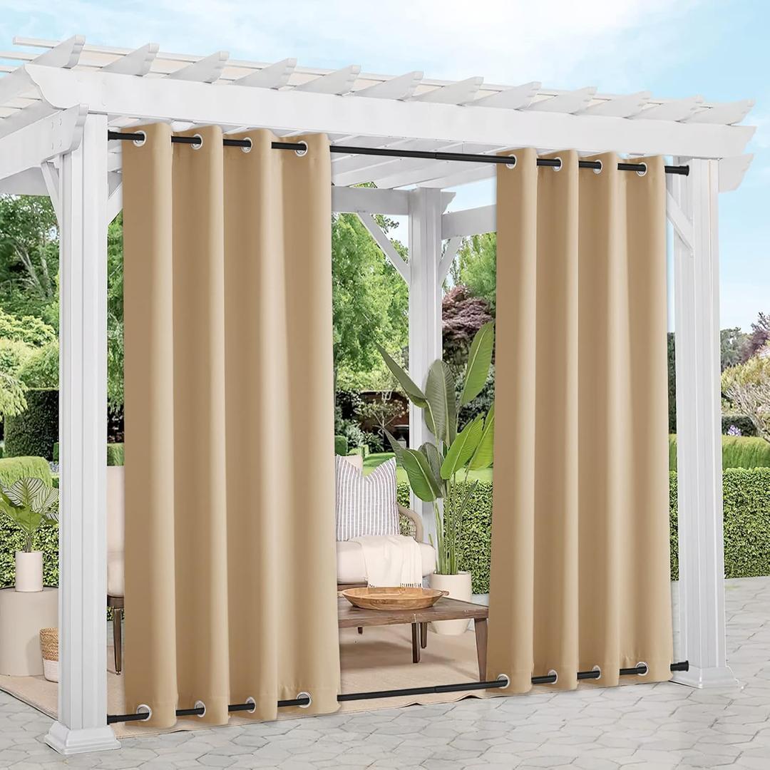 NICETOWN Weighted Outdoor Curtains for Patio Waterproof 84 inches Long 2 Panels, Windproof Drapes Top & Bottom Grommets, Thermal Insulated Blinds Keep Privacy for Yard/Porch, Biscotti Beige, 52" Wide