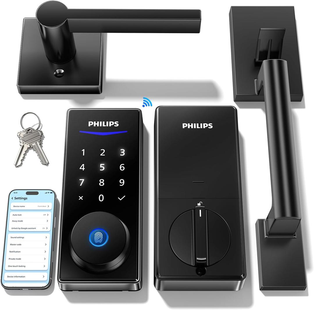Philips Wi-Fi Smart Lock with Handle, WiFi Keyless Entry Keypad Door Lock with Handle, Front Door Deadbolt Set, Fingerprint Unlock, PIN Code Unlock, Auto Locking, App Remote Control, Bulit in WiFi