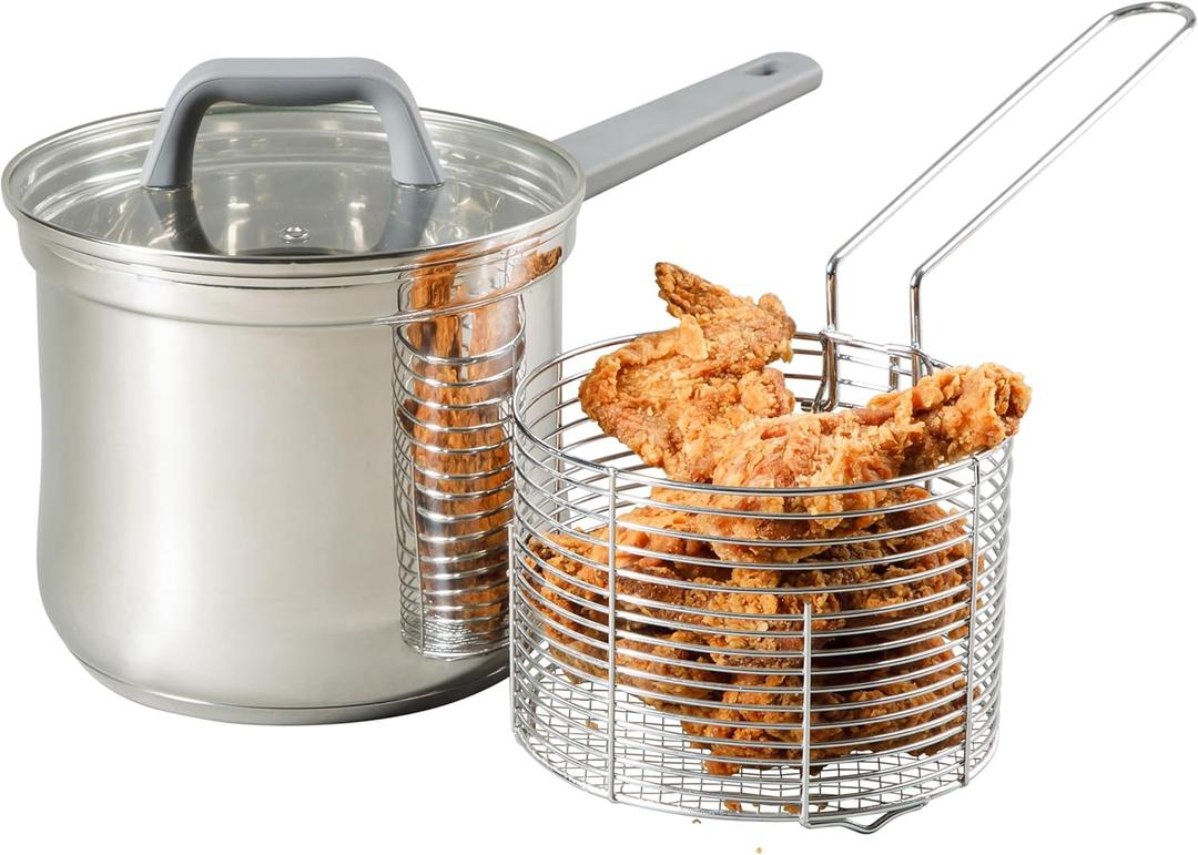 Oster Beauford 3.65-Quart Stainless Steel Deep Fryer Pot with Basket & Glass Lid  Induction, Oven & Dishwasher Safe, 5-Ply Encapsulated Base, Soft-Touch Handle