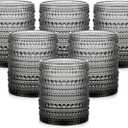 Vintage Glassware Drinking Glasses Set of 6,12 oz Hobnail Glass Cups,Embossed Grey Water Tumbler,for Beer,Cocktail,Whiskey,Juice and Various Mixed Drinks- 1 Cleaning Brush (Gray)