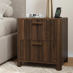 Smart FENDEE Mid Century Modern Nightstand with 2 Drawers, Fluted Design Bedside Table with Storage, Walnut Finish Night Stand for Bedroom, Study Room