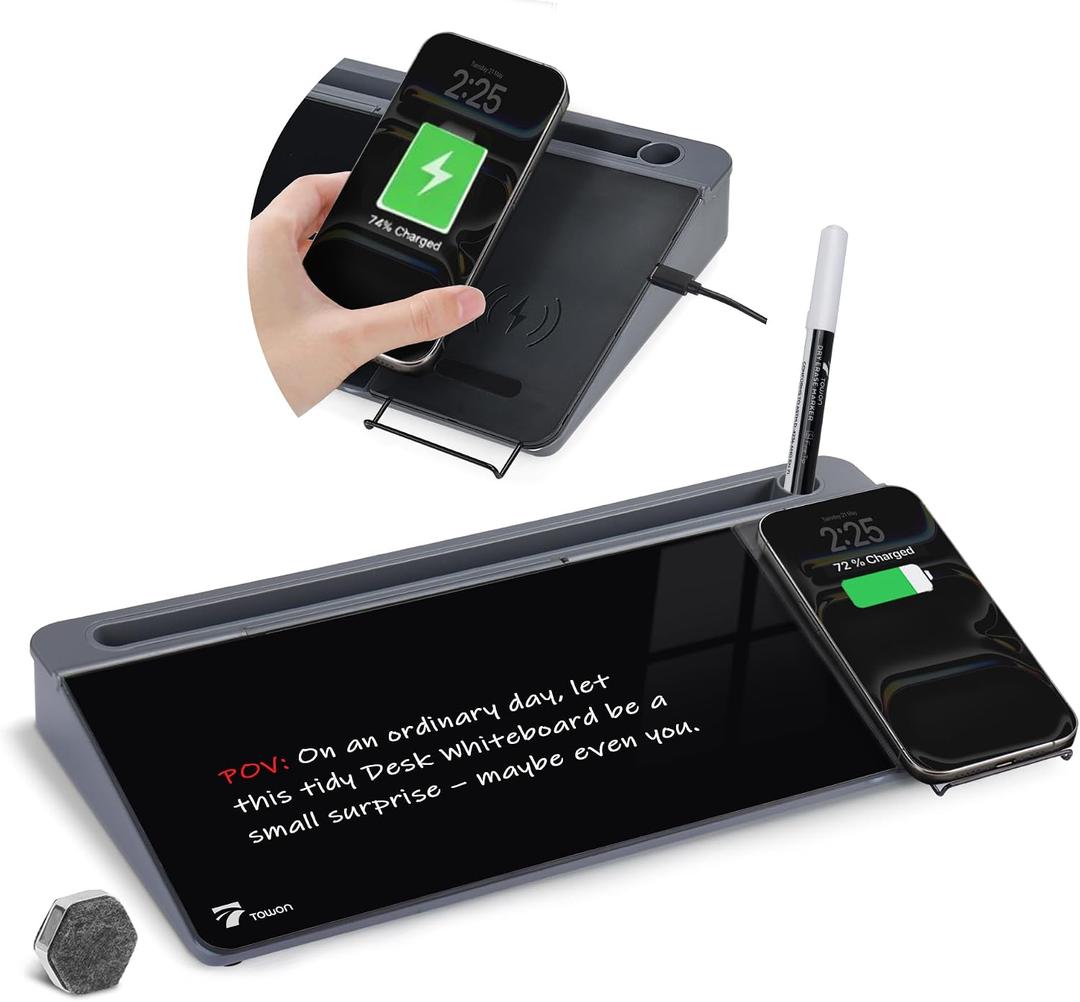 TOWON Glass Desk Whiteboard with Wireless Charger, Desktop Dry Erase Board with Storage & Phone Stand Compact ~16 x 7 in, Black Includes Marker & Eraser, Tempered Glass, Rewrite Reusable