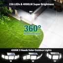 4000LM Solar Lights outdoor, 5 Adjustable Heads Solar Motion Sensor Lights, 236 LEDs 3 Brightness Mode, Waterproof Security Wall Lights, Flood Lights for Graden, Backyard, 2 Pack