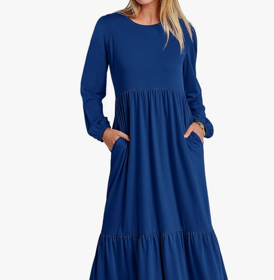 ANRABESS Long Sleeve Midi Dresses for Women Casual 2026 Spring Crewneck A Line Tiered Flowy Loose Trendy Dresses with Pockets Size L