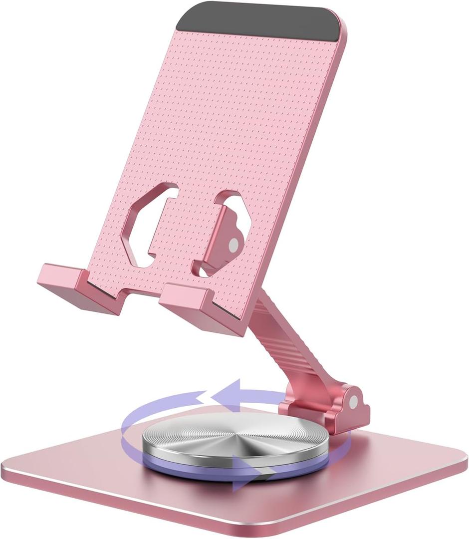 Cell Phone & Tablet Stand for Desk, Aluminum Adjustable Holder for iPhone, iPad & Smartphones || Foldable Mount with 360 Swivel, Stable Base & Portable Design for 49.7in Devices, Pink