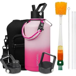 Insulated Water Bottle 87oz,Triple Wall Vacuum Stainless Steel(Dishwasher Safe),Leak Proof & Non-BPA,Flask Jug with Paracord Handle & Straw Spout Lids Sports Sakura