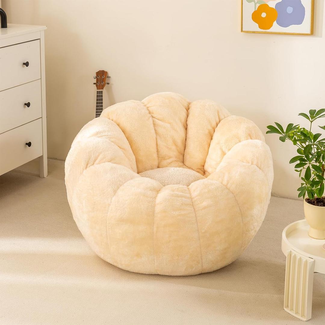 Pumpkin Bean Bag Sofa Chair, Bean Bag Chair with Filler for Teens, Kids, Toddler, Comfy and Lazy Sofa for Dorm, Apartment, Living Room and Bedroom, Ivory (Medium)