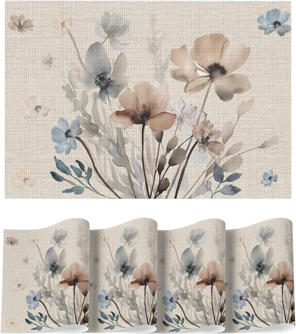 Artoid Mode Brown Poppy Floral Vinyl Plastic Placemats Set of 4, Washable Non-Slip PVC Table Mats for Party Kitchen Dining Decor, 12x18 Inch (Beige)