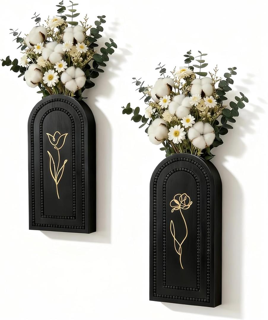 2 Pack Wooden Wall Planter Vase Set, Black Finish Modern Farmhouse & Boho Wall Decor for Living Room, Bathroom, Kitchen, Dining Room (Black)