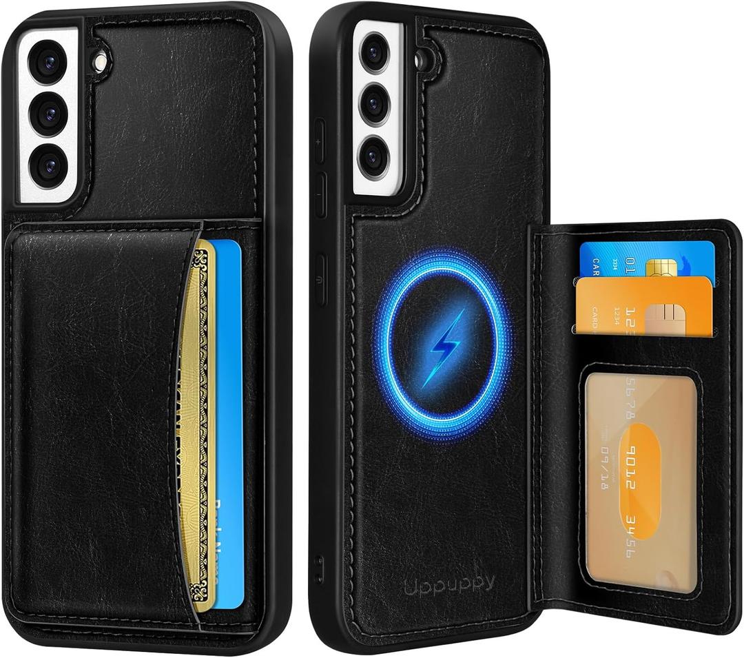 for Samsung Galaxy S21 Case with Wallet - Fits 4 Card Slots, Compatible with MagSafe for Women Men Durable PU Leather Credit Card Holder Kickstand Phone Cover for Samsung S21, Black