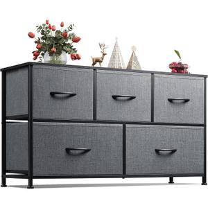 WLIVE Dresser for Bedroom with 5 Drawers, Wide Chest of Drawers, Fabric Dresser, Storage Organizer Unit with Fabric Bins for Closet, Living Room, Hallway, Dark Grey, 11.81"d X 39.37"w X 21.65"h