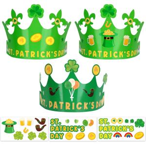 Hooqict 30 Pack St. Patrick's Day Crown Crafts Kit St Patrick's Day Party Favors Green Hats for Classroom Paper Crowns with Shamrock Leprechaun Hat Gold Coin Stickers