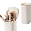 Makeup Brush Holder with Lid, Push Pop-Up Makeup Brush Organizer, 4 Slots Makeup Cosmetics Organizerfor Vanity Decor, Bathroom Countertop , Large Capcity, Dustproof, Waterproof | White and Gold