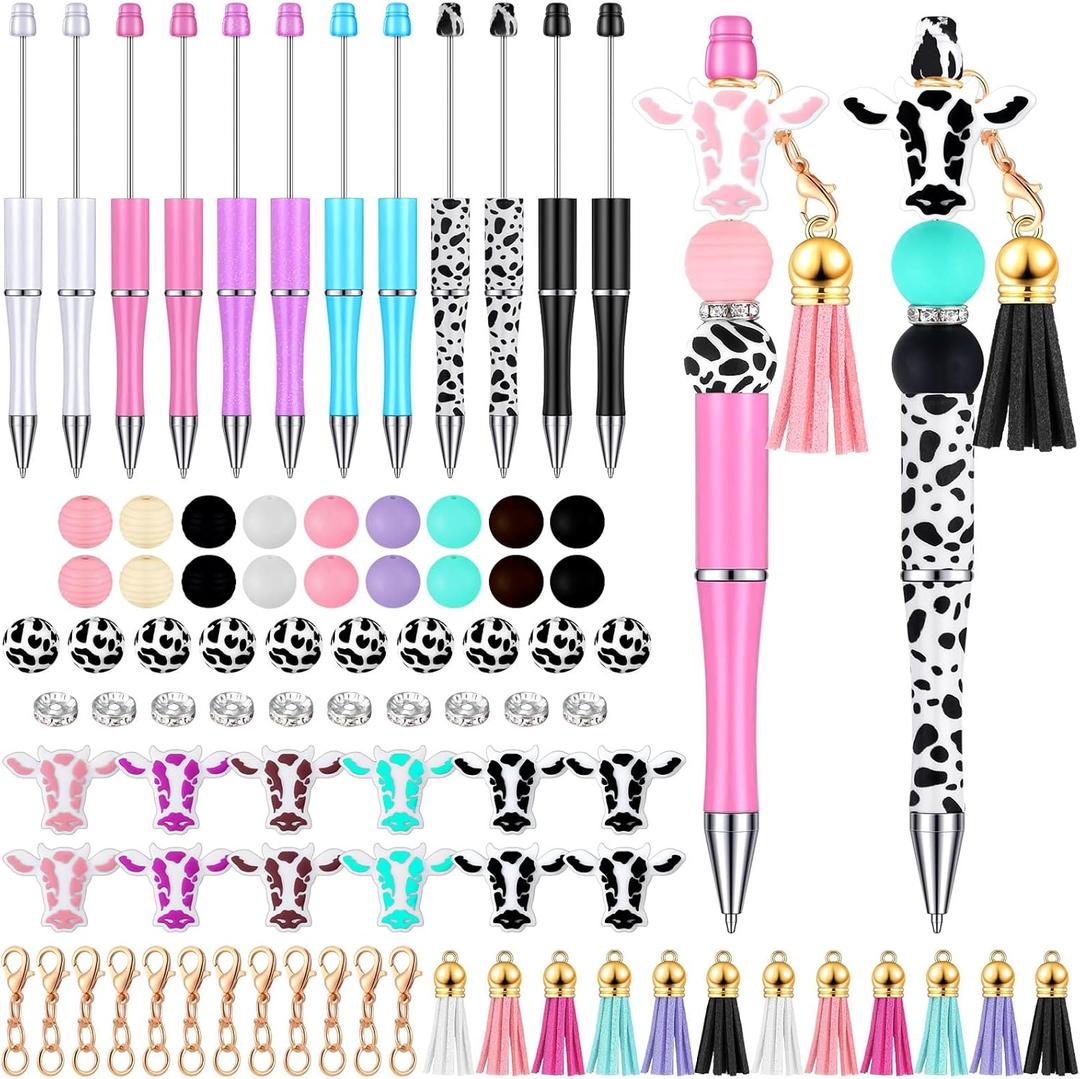 Tinlade 12 Pieces Beadable Pens Bulk with 50 Pcs Assorted Colors Beads Pens DIY Making Kit Multicolor Ballpoint Black Ink for Women Office(Cow Style)